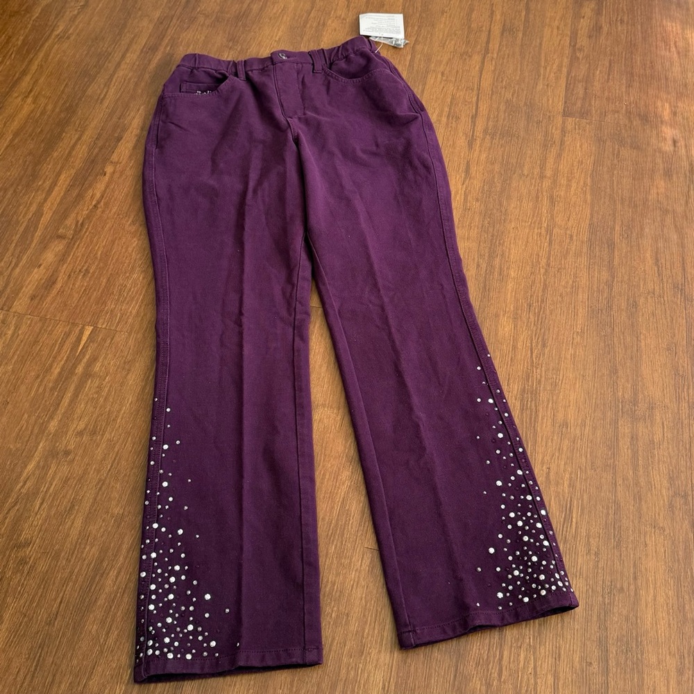 Quacker Factory Dream Jeannes Pants Rhinestone Womens XS Short Purple Plum Jeans